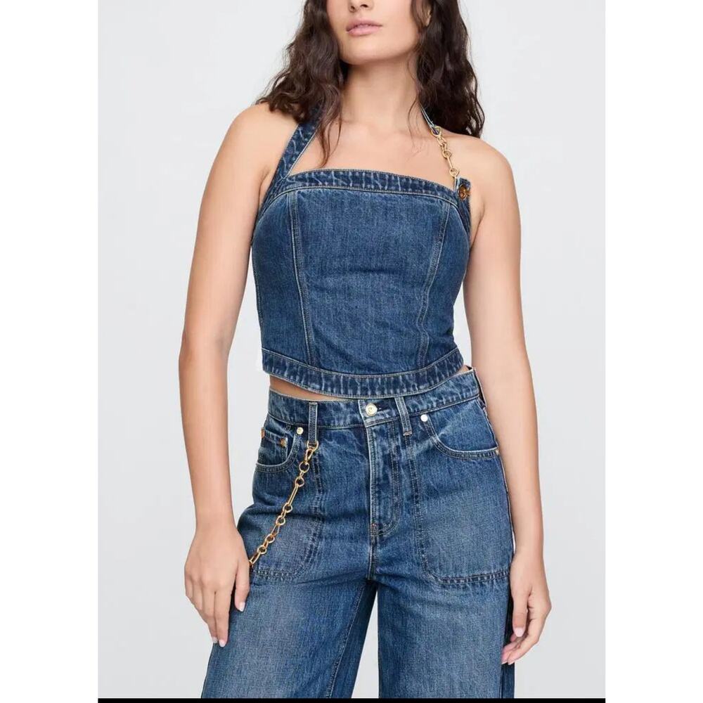 cult gaia Denim Chain-Strap Corset Top in Dark Blue